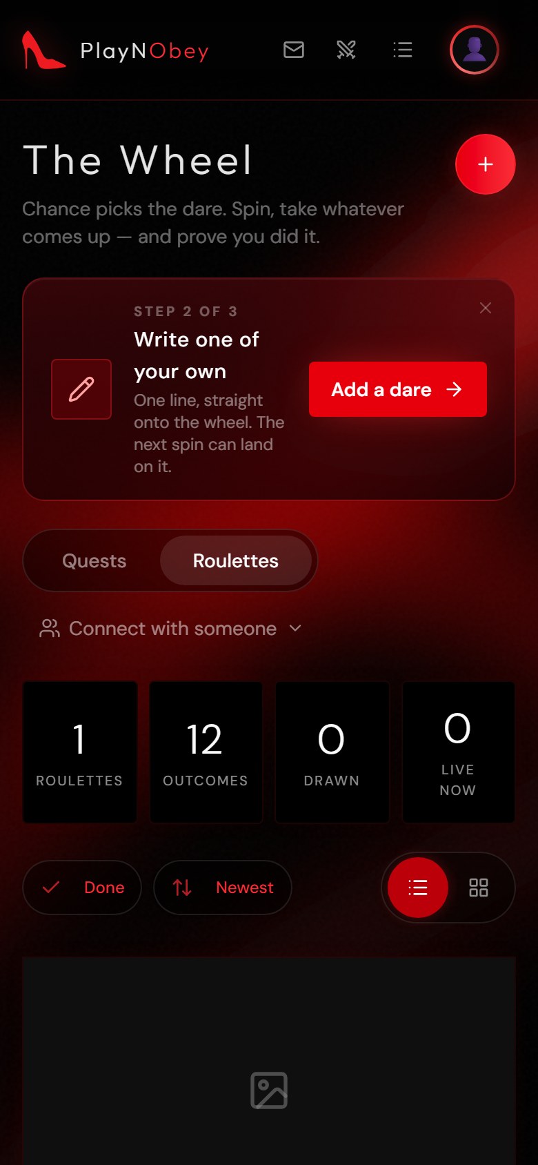 PlayNObey on a phone, showing a board list with the nav in a single row