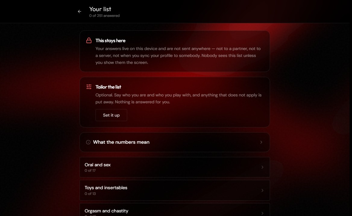 The preference list in PlayNObey, showing the note that answers stay on the device and a counter reading 0 of 251 answered