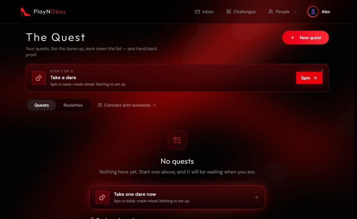 The PlayNObey home screen, showing an empty quest list and a prompt reading Take one dare now