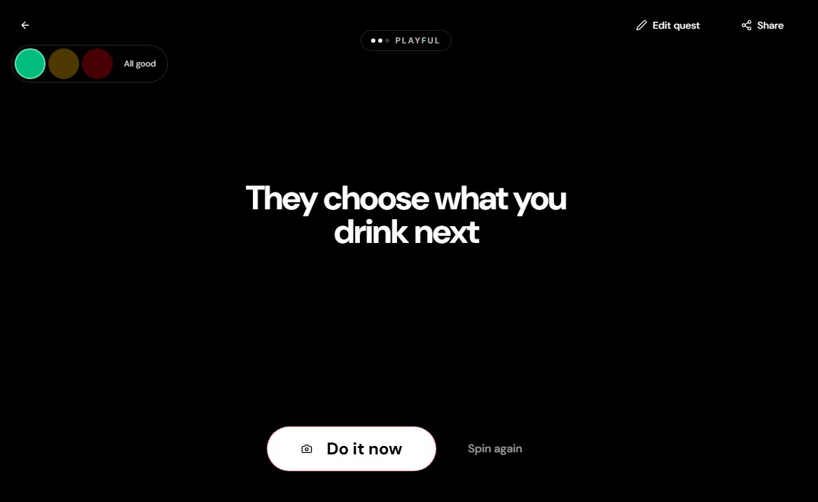 The result of a spin, showing a dare, a consent traffic light and a Do it now button