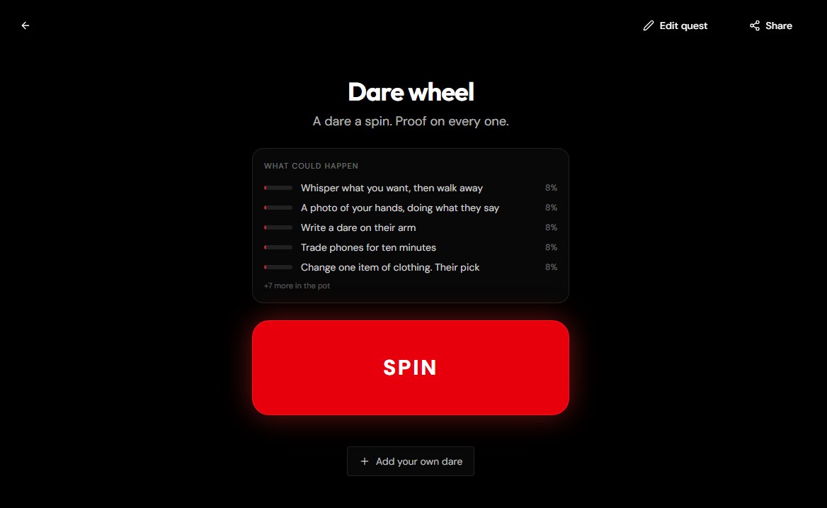A dare wheel in PlayNObey, listing what could come up and a large SPIN button